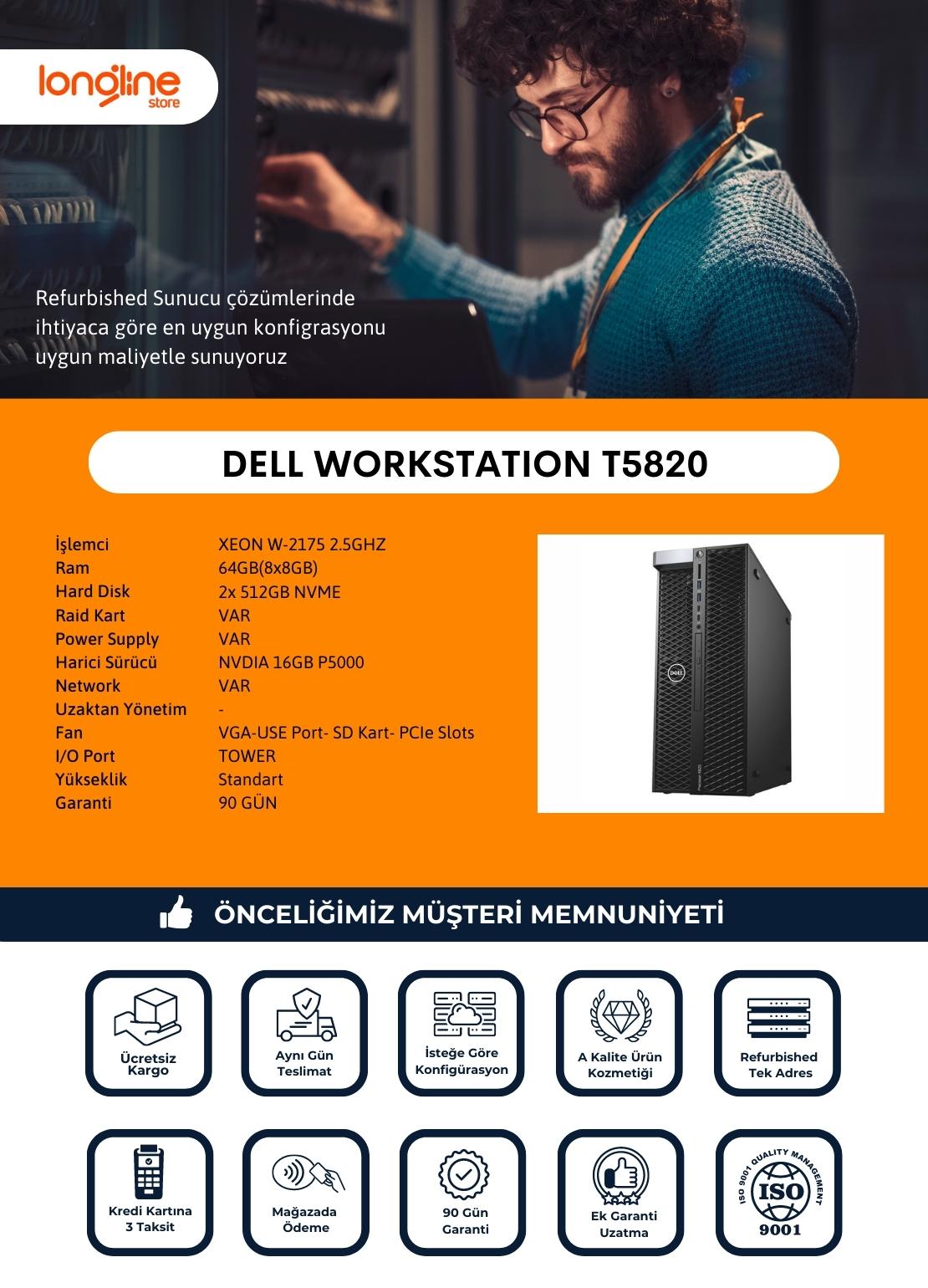 DELL WORKSTATION T5820 XEON W-2175 2.5GHZ / NVDIA 16GB P5000 / 2X512GB ...